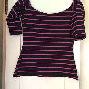 Vintage Betsey Johnson off shoulder top, pink/ black stripe cotton/Lycra size L